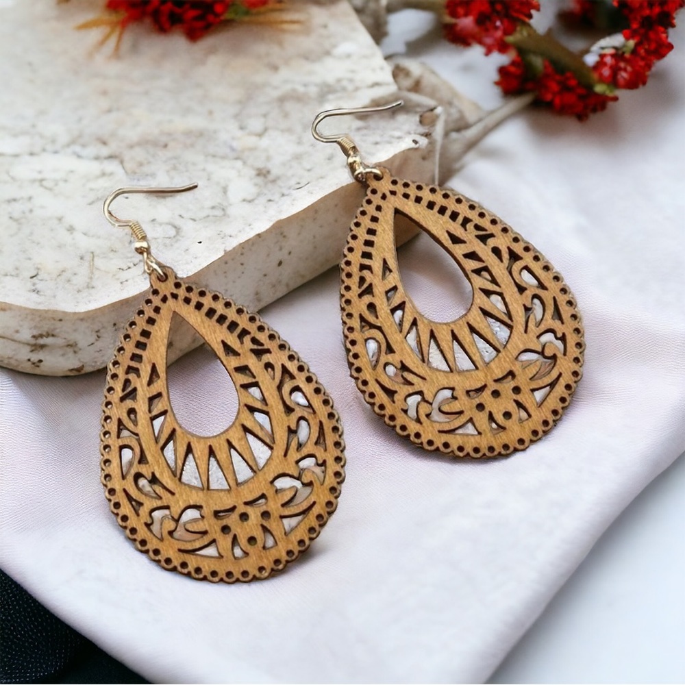 Bohemian style‎ wooden hallow pattern drop dangle earrings
